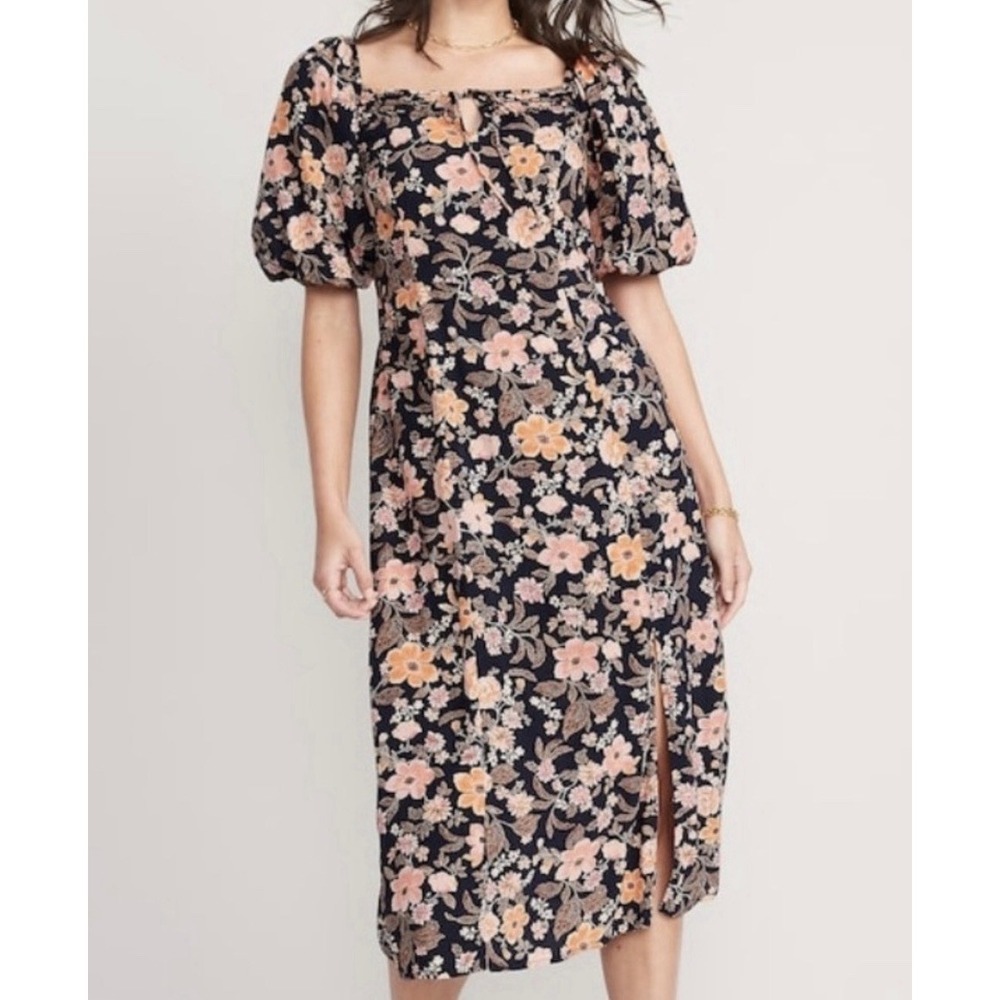 Old Navy Floral Midi Dress 3X Milkmaid Smocked Pintuck Puff Sleeve Slit